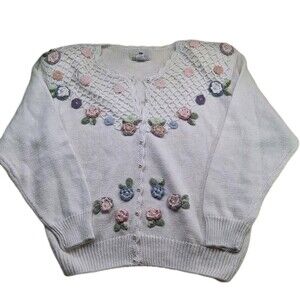 NWT Worthington Sz M Embroidered Flower Cardigan Pearl Shoulder Pads Grannycore